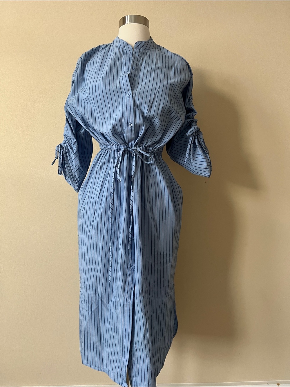 Light Blue Striped Shirt Dress with Waist Tie